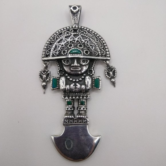 Peruvian necklace in 950 sterling silver with turquoise natural stone tumi desig - Picture 6 of 10